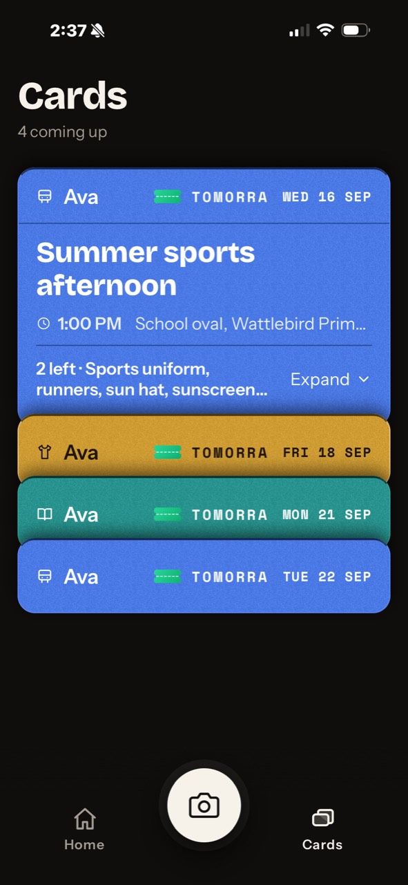 Current Tomorra Cards view showing four overlapping cards for Ava, the Tomorra logo on every card, and the Summer sports afternoon summary.