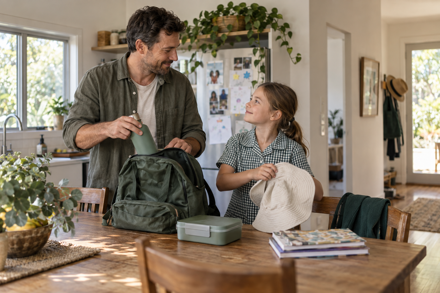 A parent and child packing a school bag together at the kitchen table.