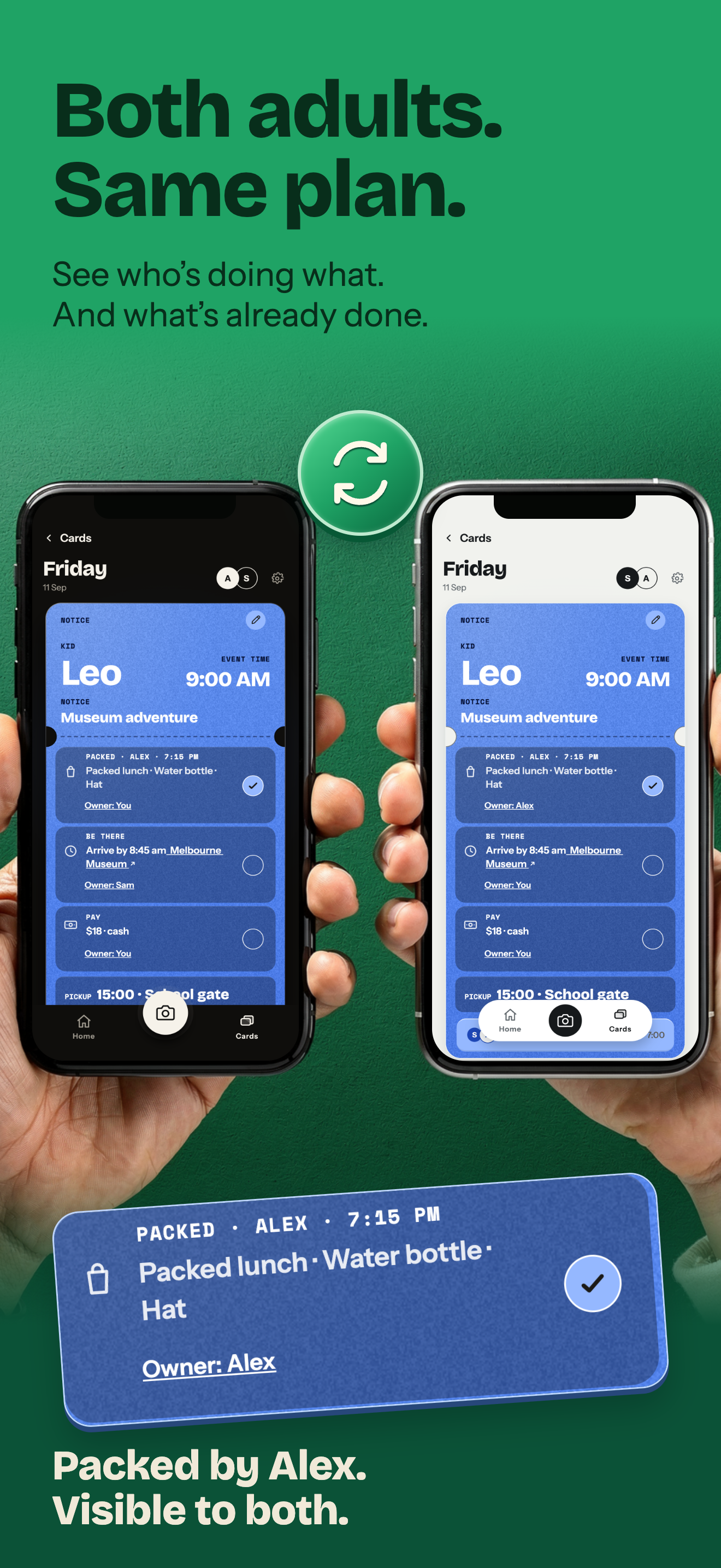 Two hands hold phones showing the same family card in dark and light mode. Packed by Alex is visible on both phones.