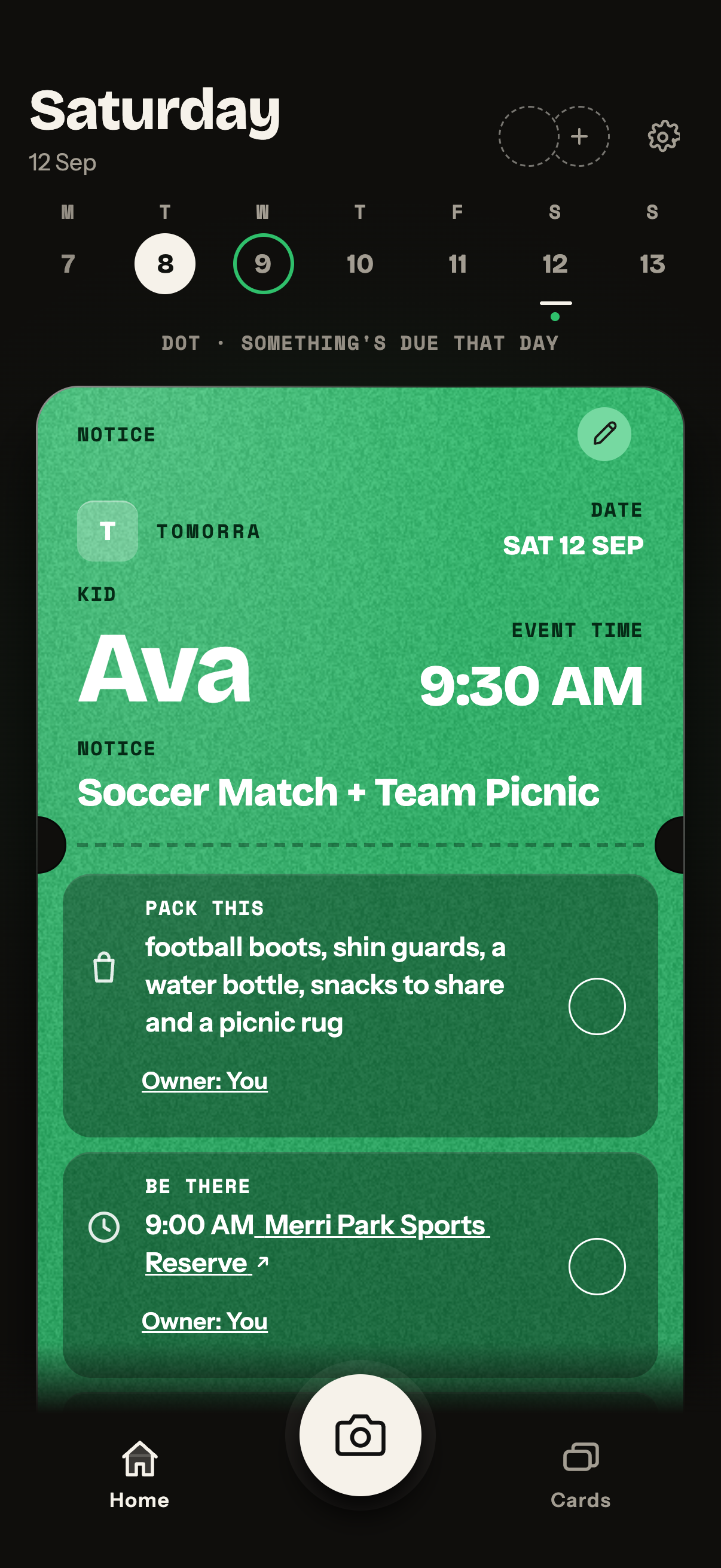 Tomorra home screen with the weekly calendar above Ava’s sports card and the camera button below.