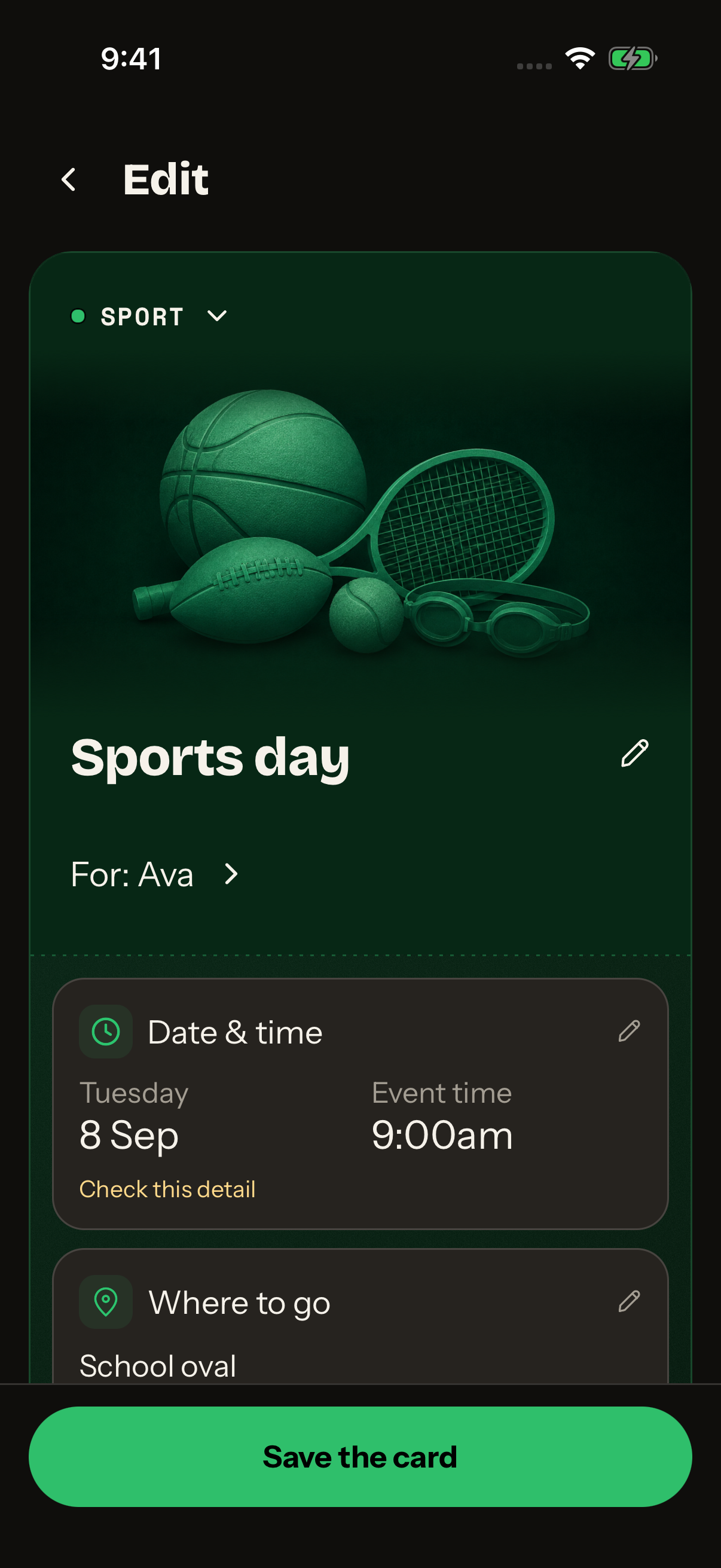 Review a scanned sports notice and edit its date and location before saving.